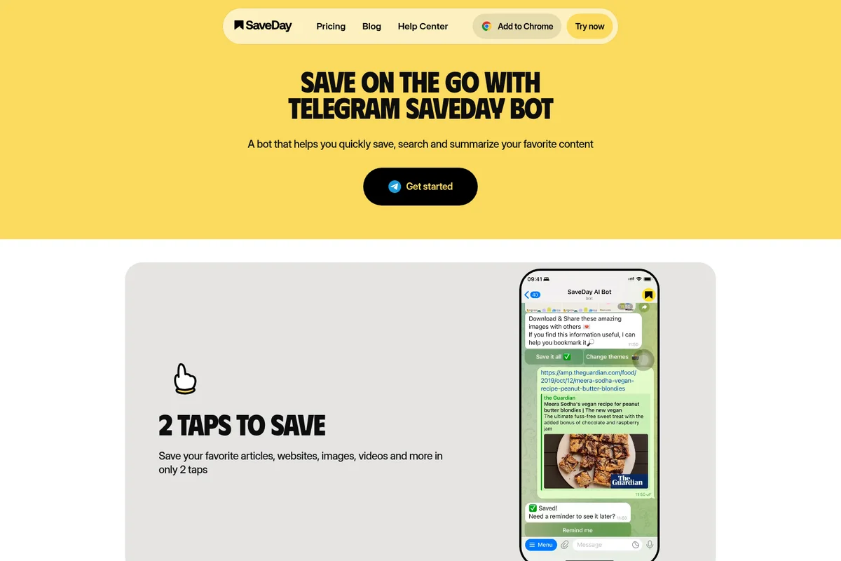 SaveDay Telegram bot UI demonstrating saving articles in two taps with a clean mobile-first design.