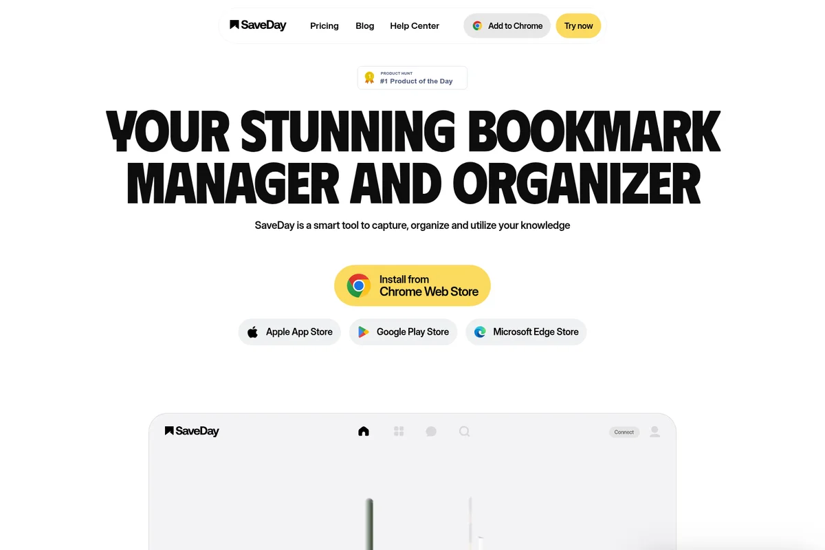 SaveDay homepage hero section showcasing the bookmark manager's value proposition and download options with a clean, modern interface.