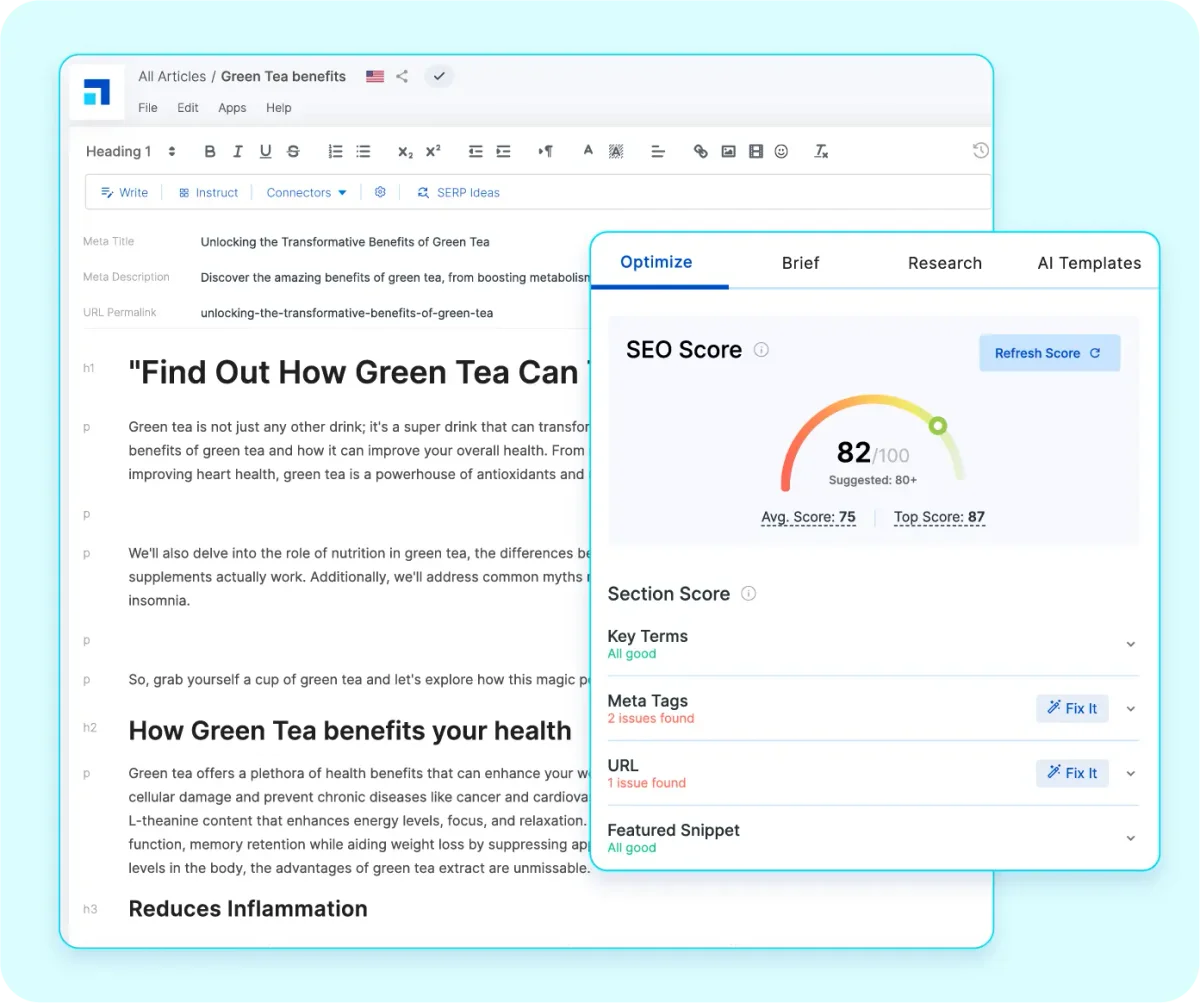 Scalenut content editor displaying an article being optimized, showing a real-time SEO score, meta tag and URL issues with a clean interface.