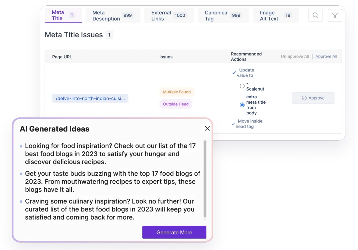 Scalenut SEO and AI content generation workspace showing meta title issues and AI-generated content ideas in a clean, multi-panel interface.