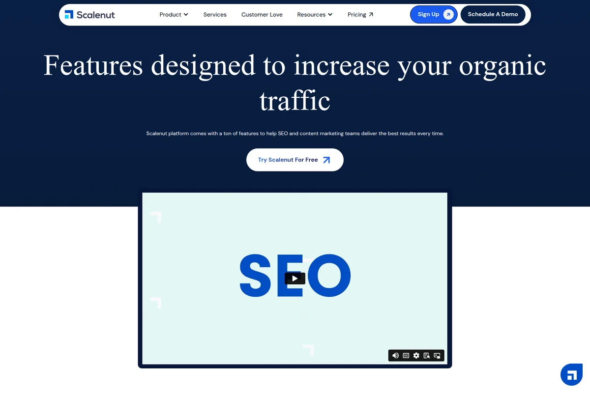 Scalenut landing page promoting SEO features to increase organic traffic with a prominent video placeholder and modern interface.