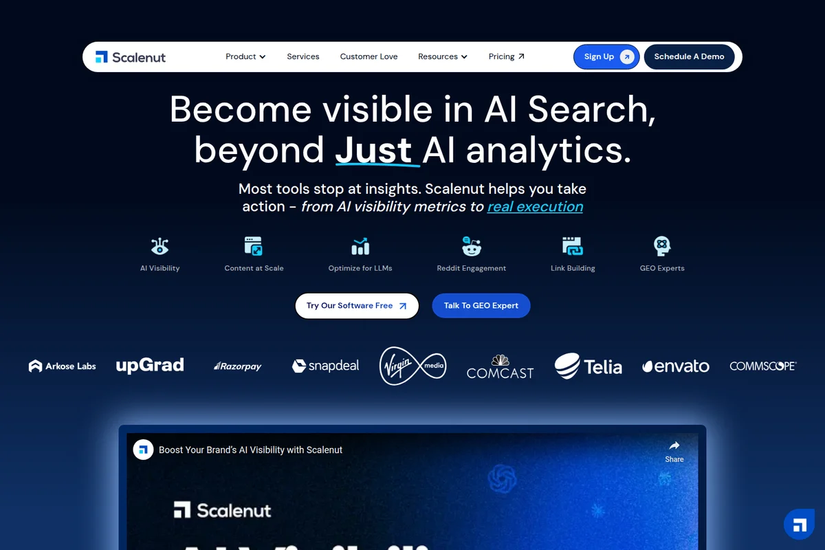 Scalenut homepage showcasing AI search visibility and real execution capabilities, with feature icons and an embedded product demo video on a dark interface.