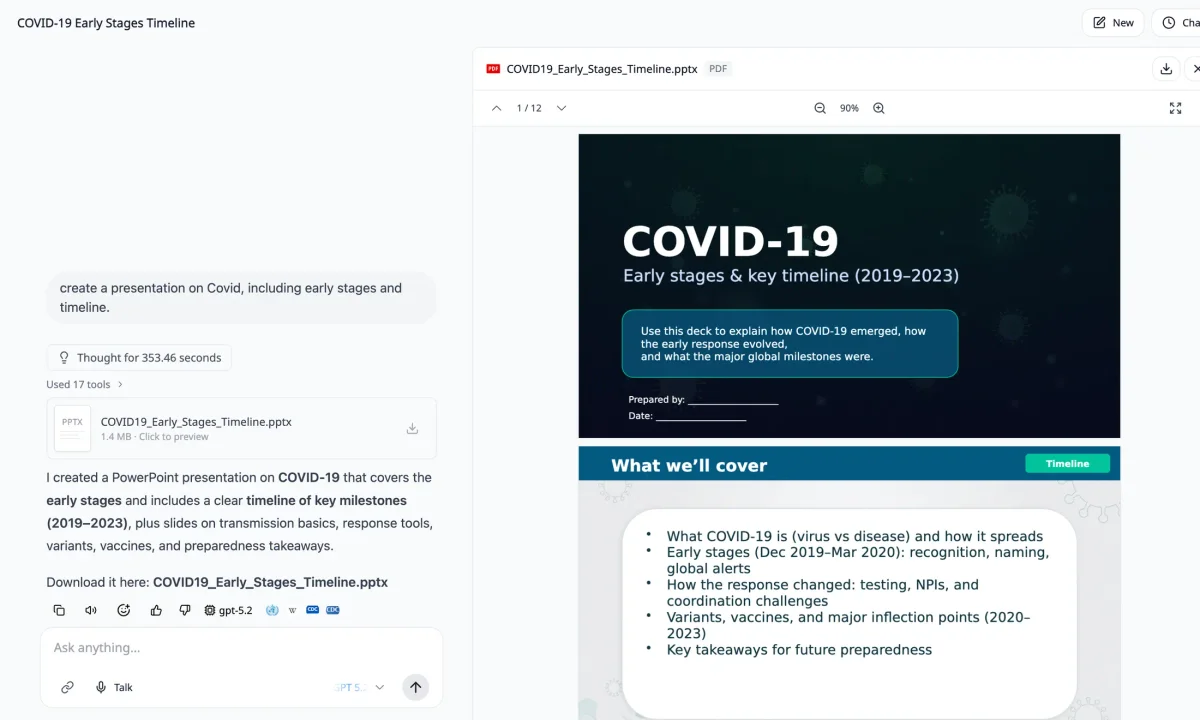Scholarly AI assistant workspace showing the generation and preview of a COVID-19 timeline presentation with a split-panel interface.
