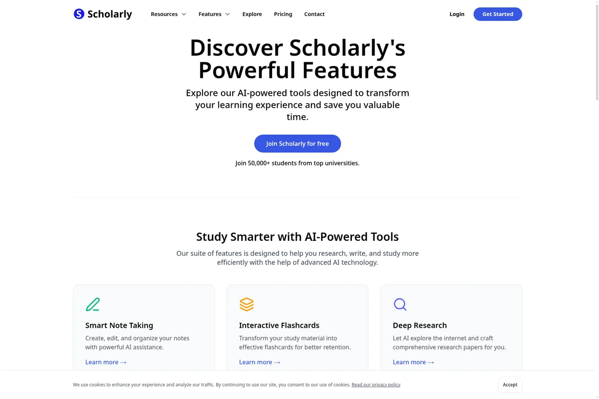 Scholarly features page showing powerful AI tools for smart note-taking, interactive flashcards, and deep research in a clean, modern interface.
