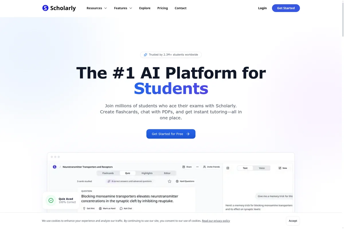 Scholarly AI homepage displaying its #1 AI platform for students with a modern, clean interface and interactive product preview.