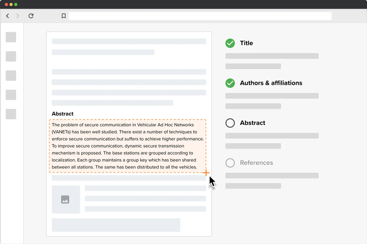 Scispace workspace UI showing a user actively selecting an abstract from a research paper for extraction, with a clean and interactive interface.