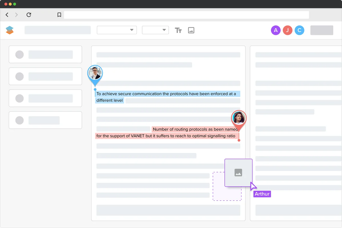 SciSpace document editor showing highlighted text with user comments and a user dragging an image to insert into the document in a clean UI.