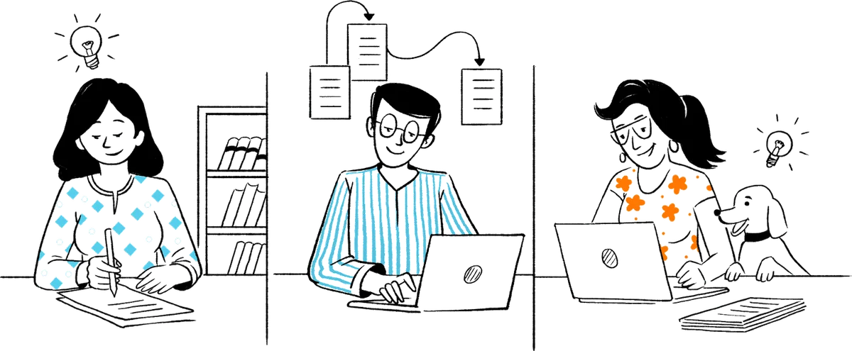 SciSpace illustration showing individuals brainstorming, writing, and collaborating on documents in a clean line-art style.