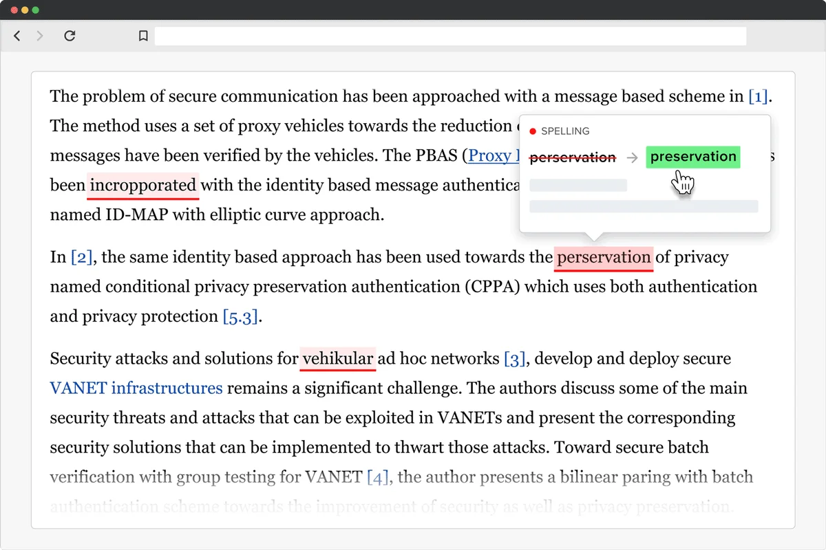 SciSpace document editor showing AI-powered spelling correction suggestions in a clean web interface.