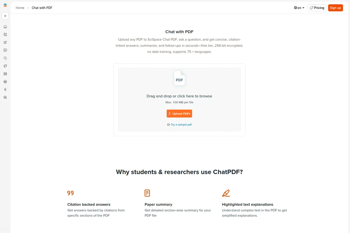 SciSpace ChatPDF upload interface showing drag-and-drop area for PDFs with a clean, minimalist design.