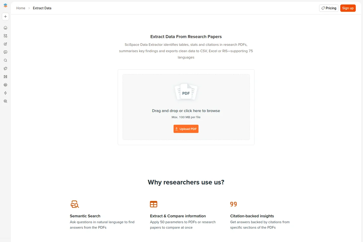 SciSpace Extract Data workspace showing the PDF upload interface with a clean light theme.