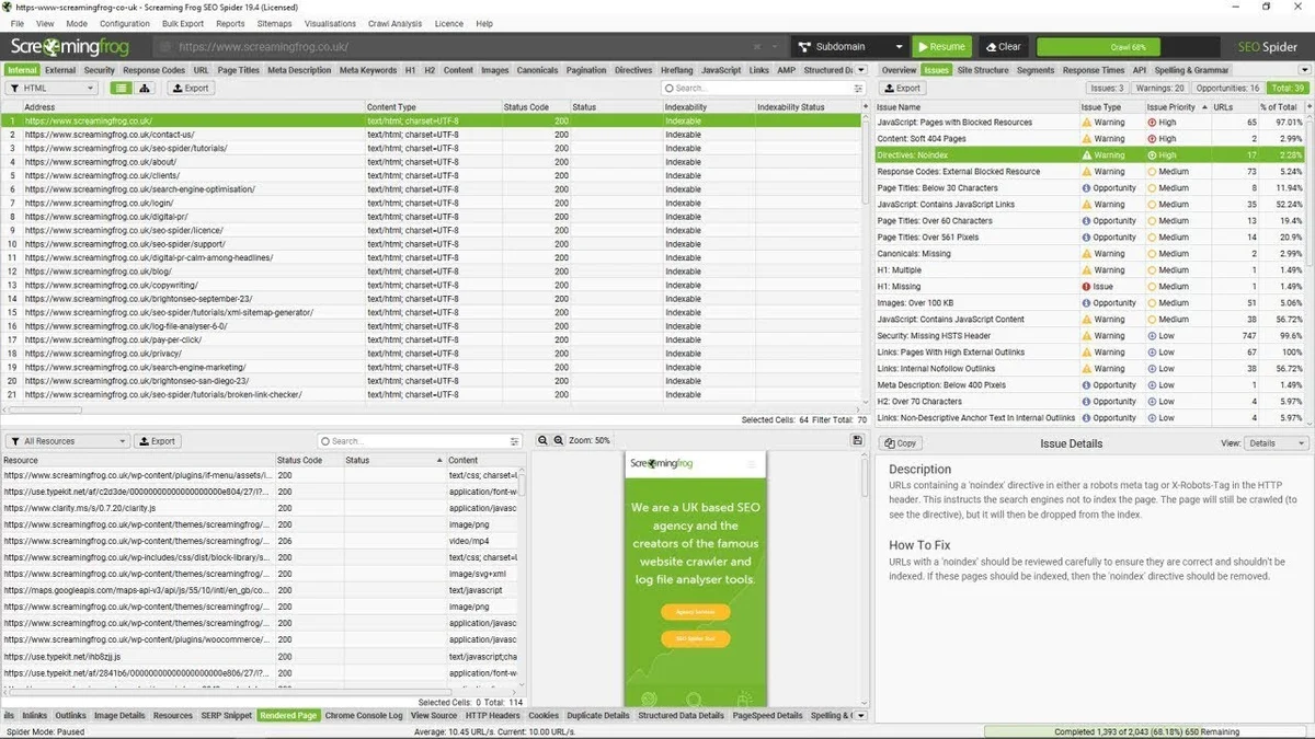Screaming Frog SEO Spider workspace showing crawl results, identified SEO issues, and a rendered page preview in a professional UI.