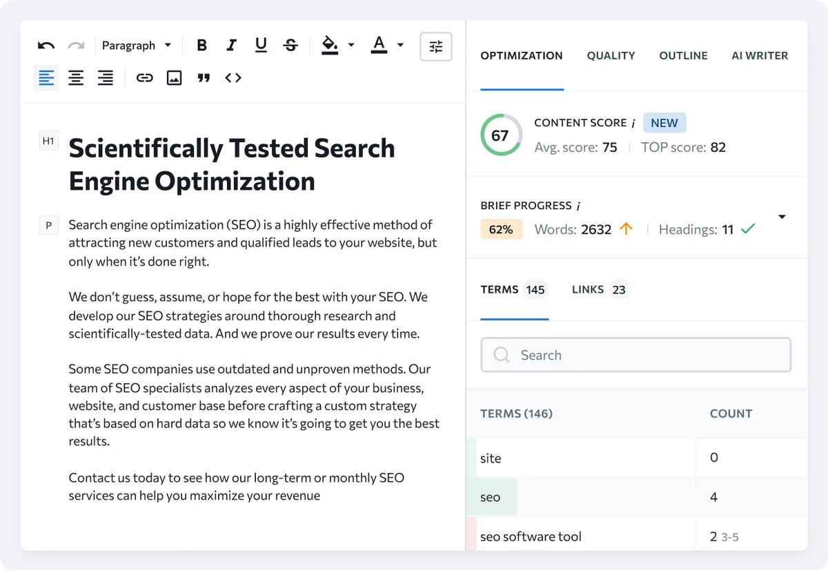SE Ranking content editor showing an article being optimized for SEO, with a live content score and detailed keyword term usage.