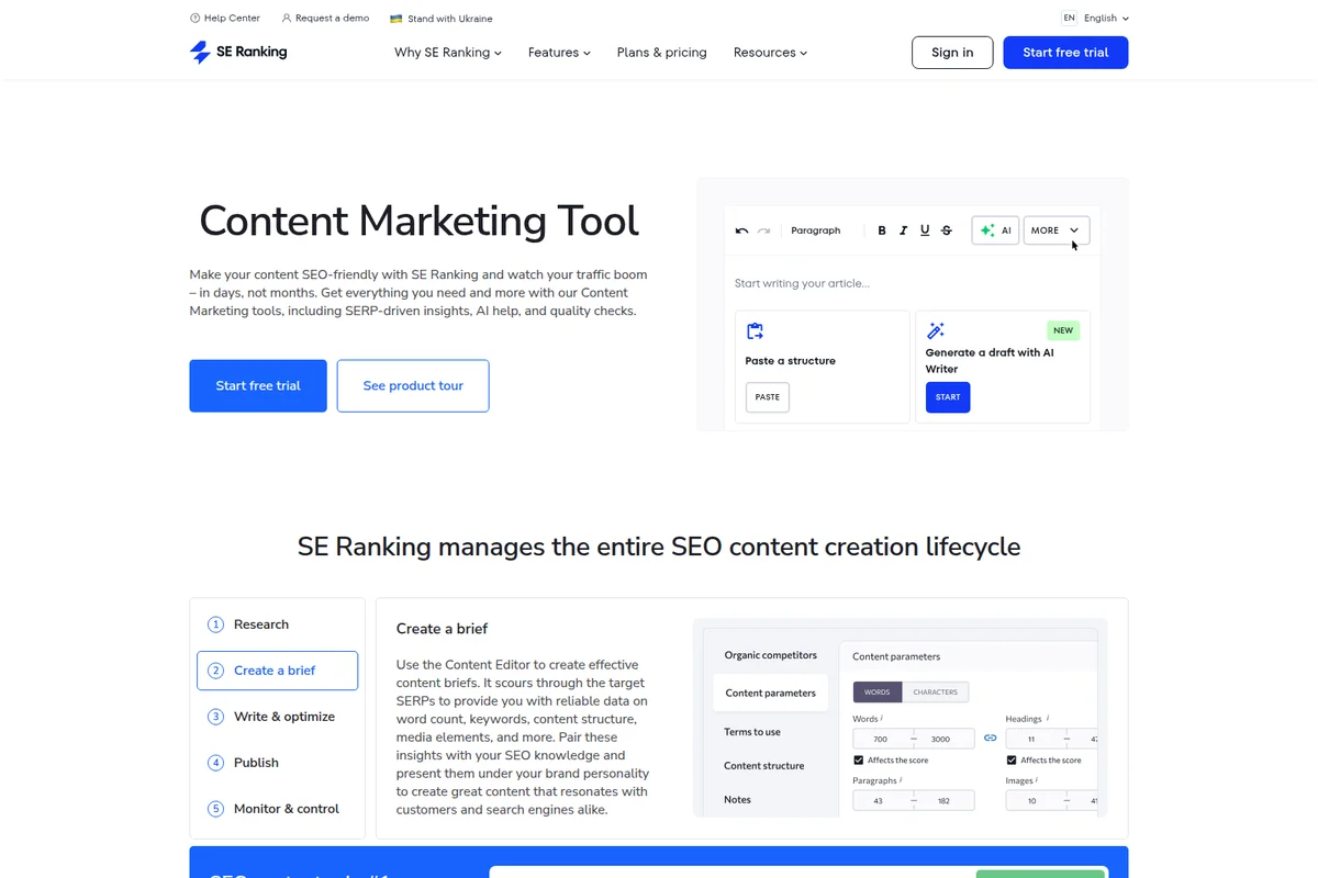 SE Ranking content marketing tool showing the content editor, AI writer, and SEO content brief parameters in a clean light UI.