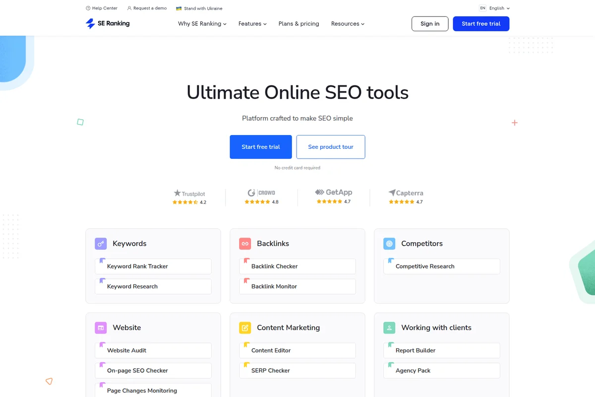 SE Ranking features page displaying 'Ultimate Online SEO tools' headline and a grid of SEO capabilities in a clean, modern interface.