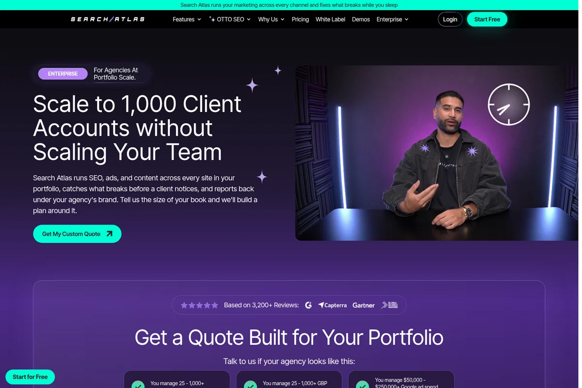 Search Atlas landing page hero featuring a professional speaker discussing client account scalability with a modern, dark themed interface.