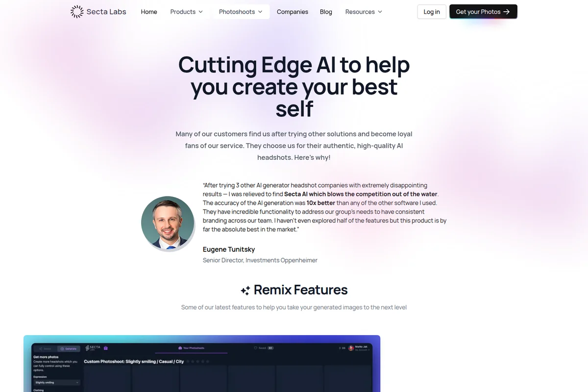Secta Labs features page detailing AI headshot generation capabilities with a customer testimonial and partial product UI preview.