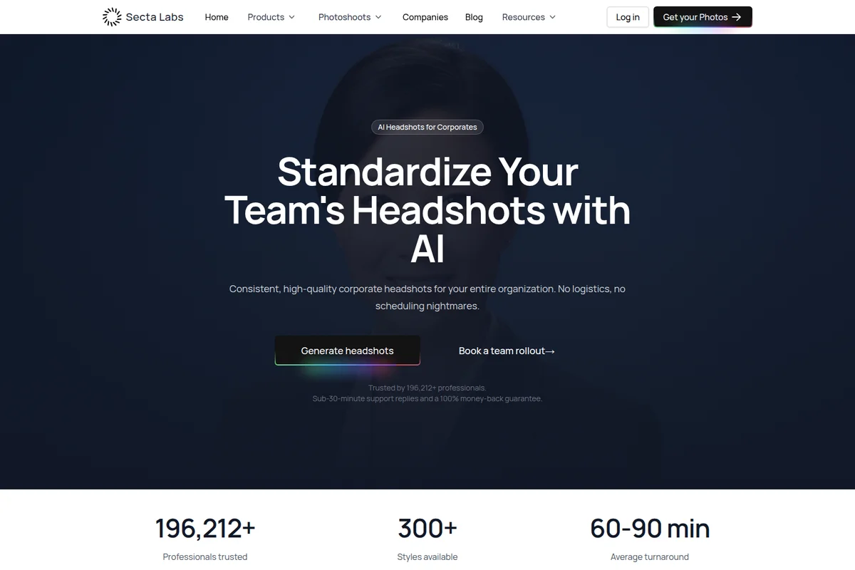 Secta Labs landing page hero promoting AI headshot generation for corporates with a modern dark interface.