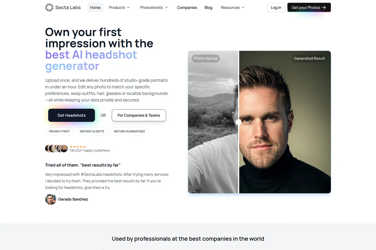 Secta Labs homepage showcasing AI headshot generation with a before-and-after comparison of a casual photo and a professional headshot.