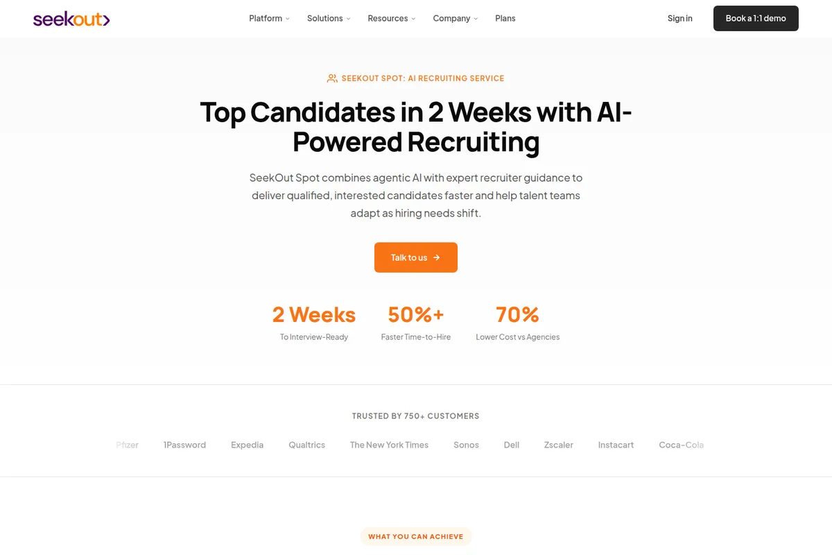 SeekOut Spot landing page showing AI-powered recruiting service benefits with a clean minimalist design