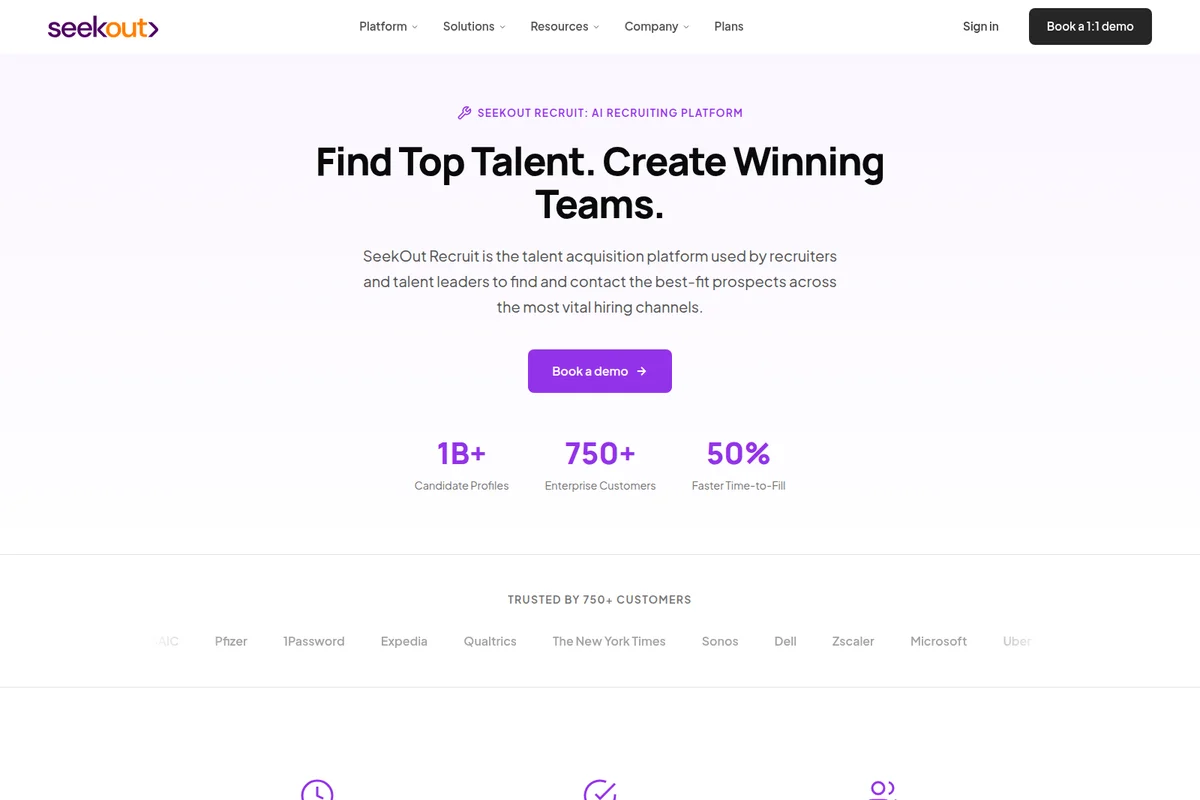 Seekout Recruit landing page hero section showcasing the AI recruiting platform with headline and key statistics on a clean interface.