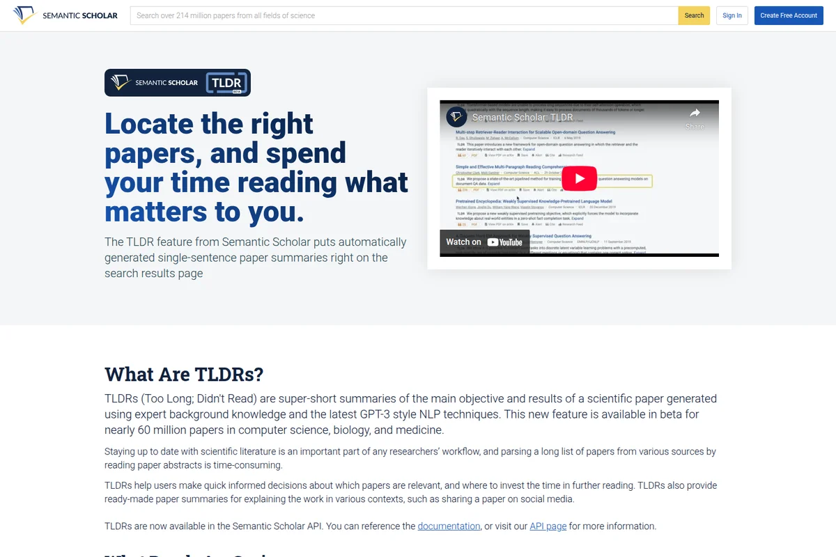 Semantic Scholar feature page for TLDRs showing a video demonstrating AI-generated summaries in search results.