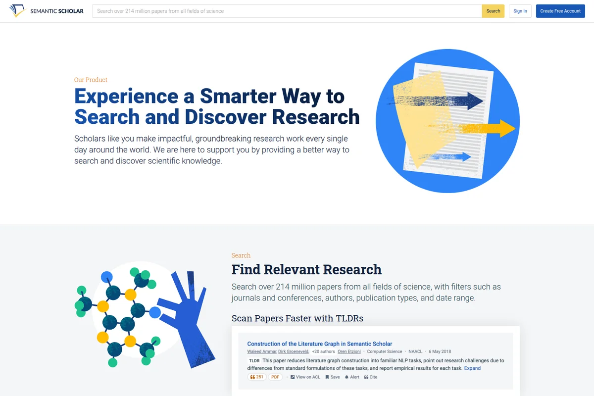 Semantic Scholar homepage featuring intelligent search and discovery for research, with graphic illustrations and a paper snippet with TLDRs.