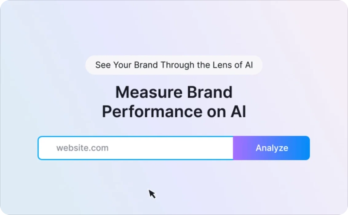 Semrush AI brand analysis tool showing a website input field with 'website.com' placeholder and an 'Analyze' button on a clean gradient background.