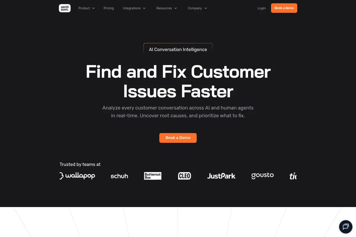 Sentisum homepage hero section with a dark theme, showcasing 'Find and Fix Customer Issues Faster' headline and customer logos.