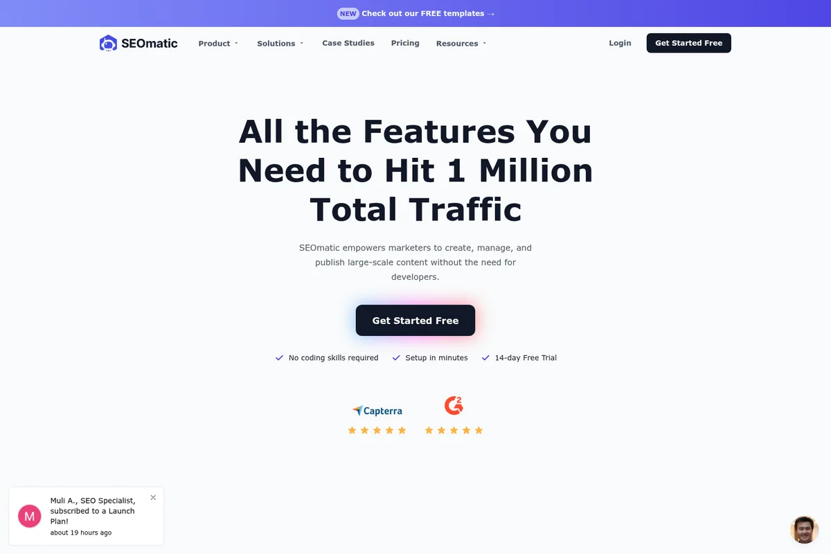 SEOmatic features page hero section showing the value proposition and a call to action with a clean light-themed interface.