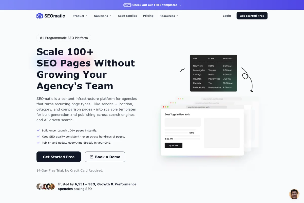SEOmatic landing page hero demonstrating programmatic SEO page generation for agencies with a clean, modern design.