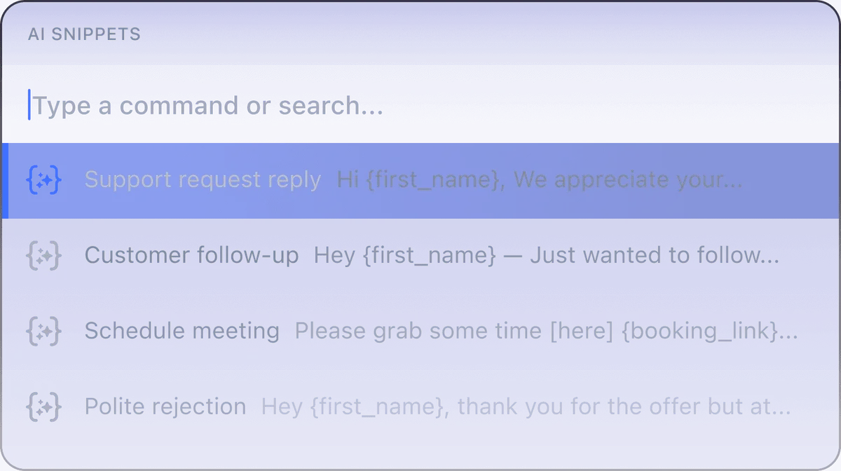 AI Snippets workspace UI showing a user typing a command to select a dynamic text snippet with a dark blue, clean interface.