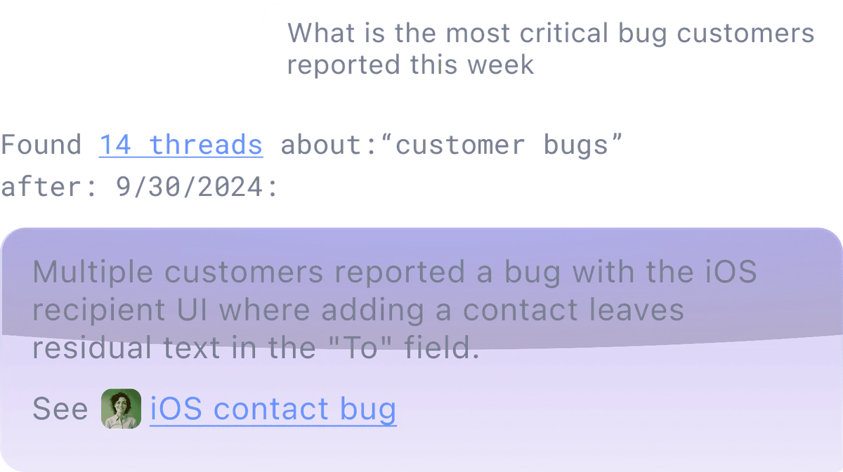 Shortwave AI assistant workspace showing a query about critical customer bugs and a detailed report summary in a dark-mode, chat-like interface.