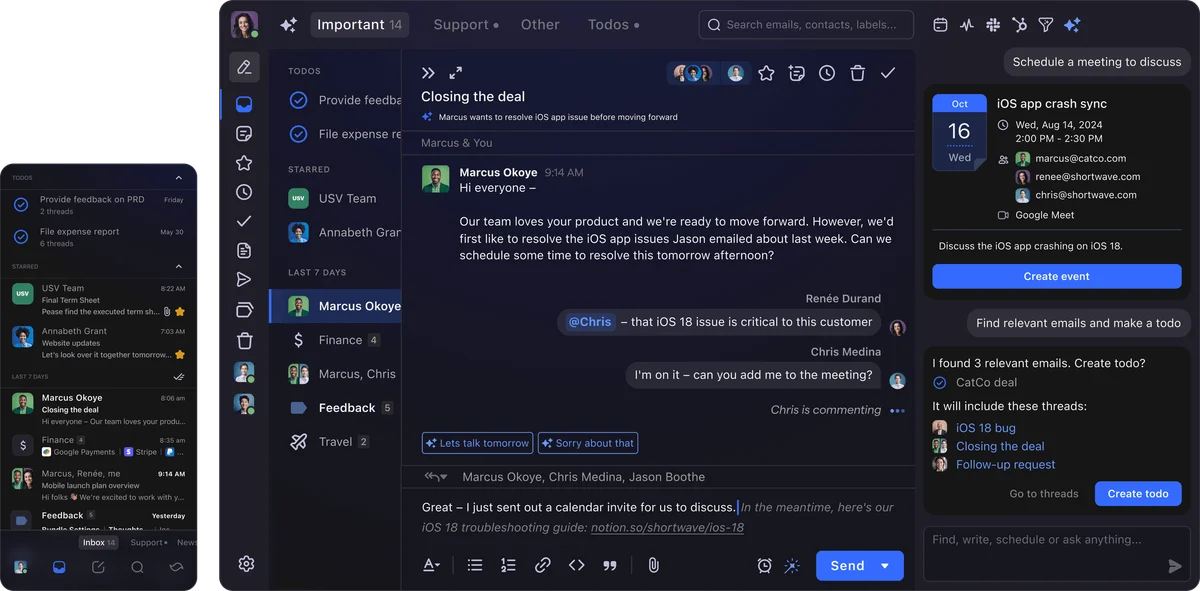 Shortwave workspace UI showing an email conversation, linked tasks, and a scheduled meeting in a dark-mode interface.