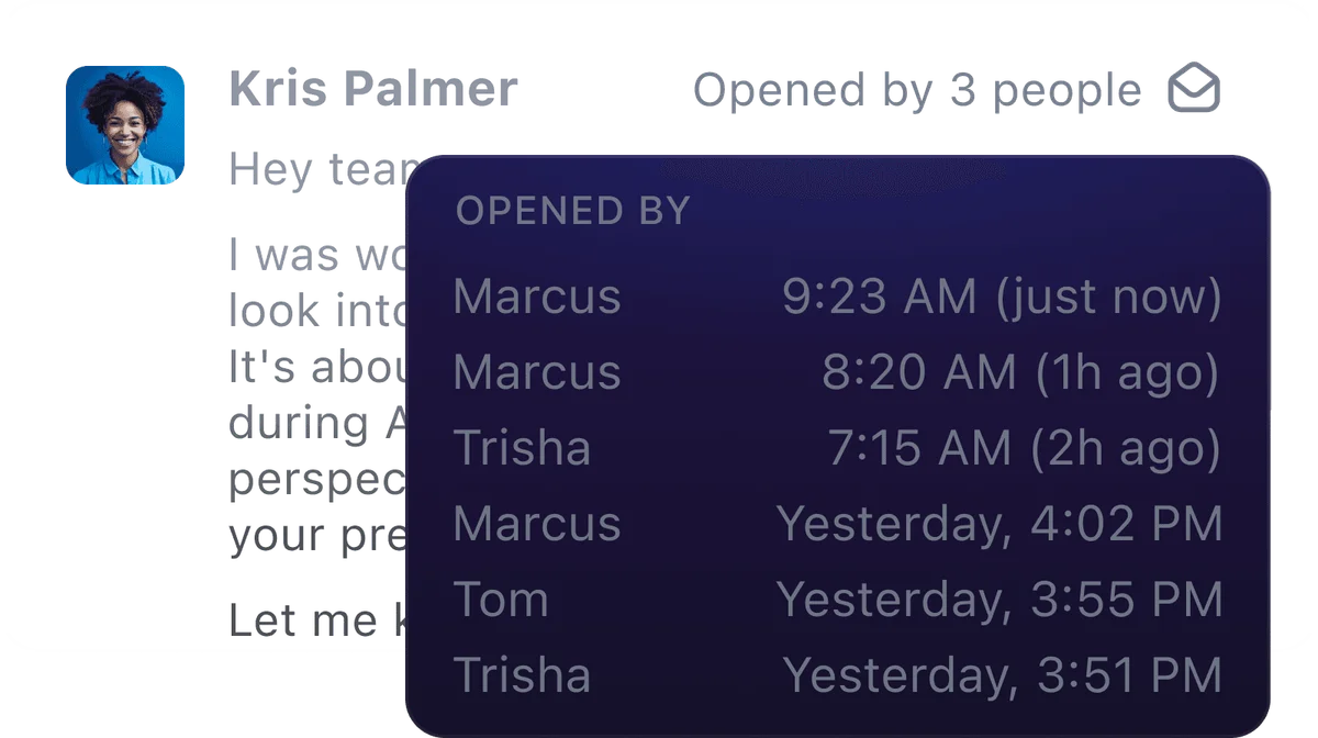Shortwave workspace showing message opened status and history for multiple users in a dark-mode interface.
