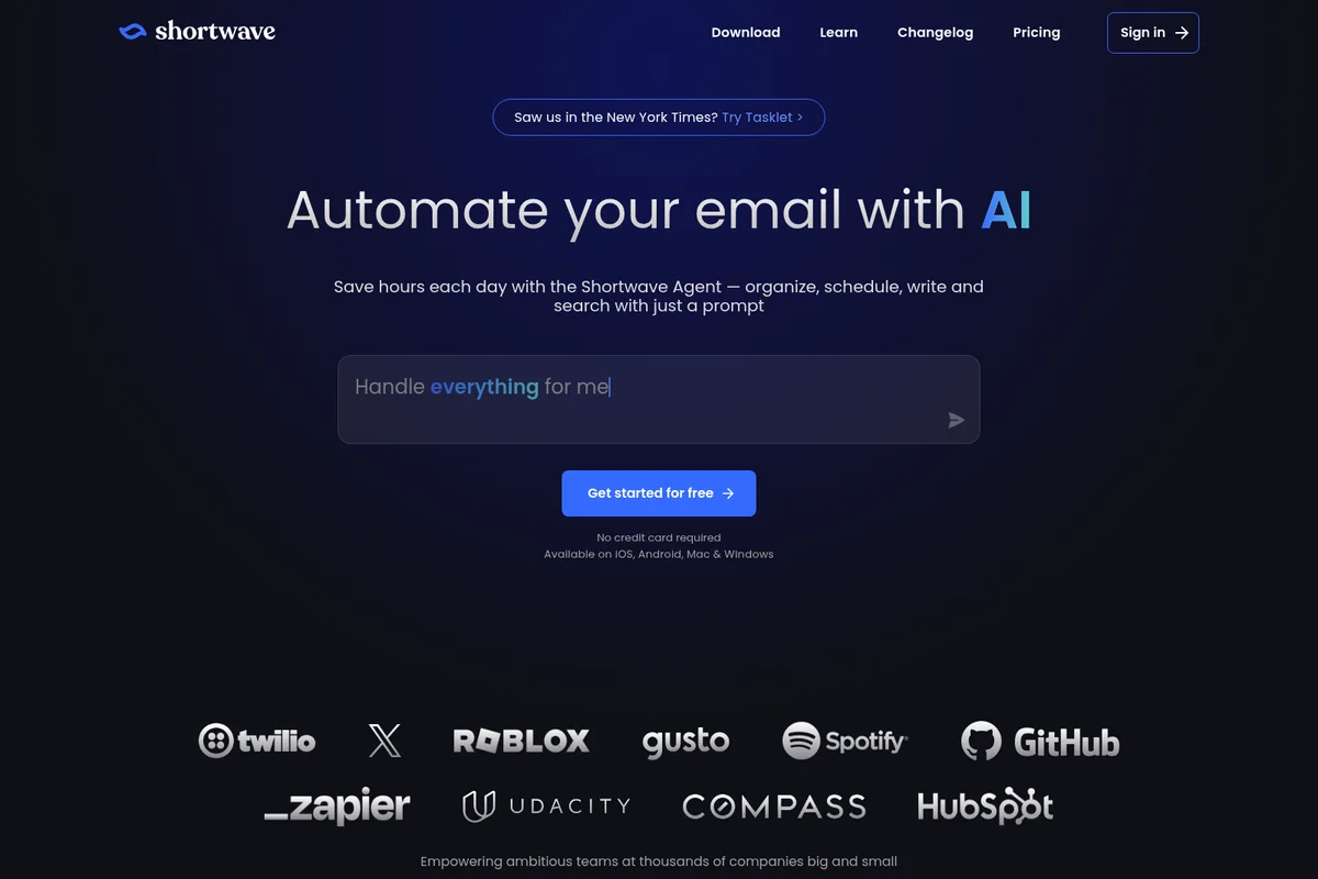 Shortwave landing-hero showing AI email automation with an interactive dark-mode sleek interface.