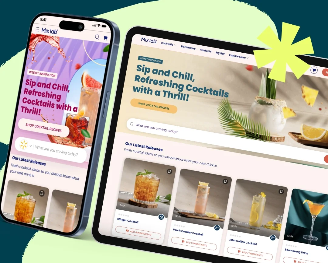 Mix lab cocktail recipe browser displaying weekly inspiration and latest releases with appealing photography on a modern dual-device UI.
