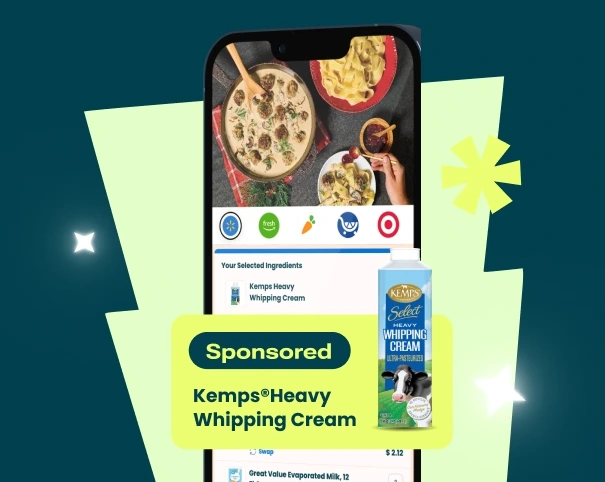 SideChef mobile app showing ingredient selection with sponsored Kemps Heavy Whipping Cream in a clean, modern interface.