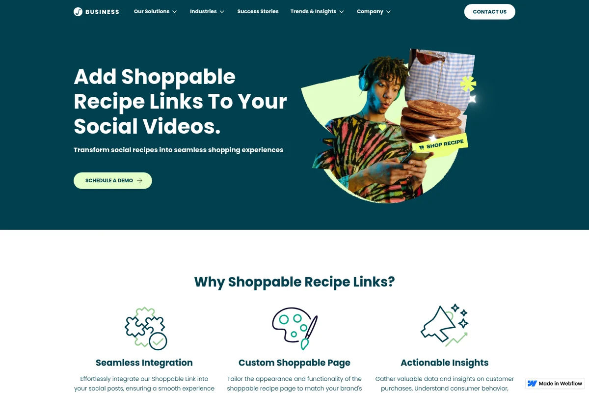 Sidechef landing page hero showing shoppable recipe links in social videos with a dynamic visual of a person and food.
