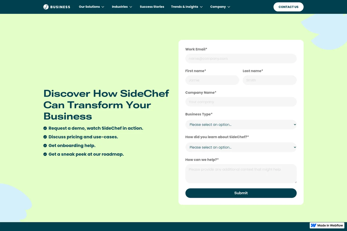 SideChef business solutions landing page with a demo request form and benefits list in a clean, modern design.