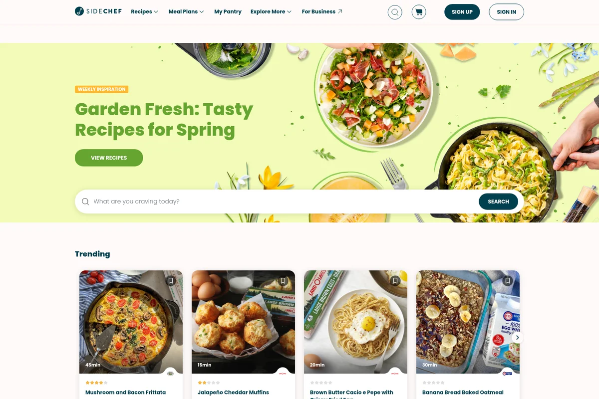 SideChef homepage featuring a 'Garden Fresh: Tasty Recipes for Spring' hero banner and trending recipe cards with a vibrant, clean design.