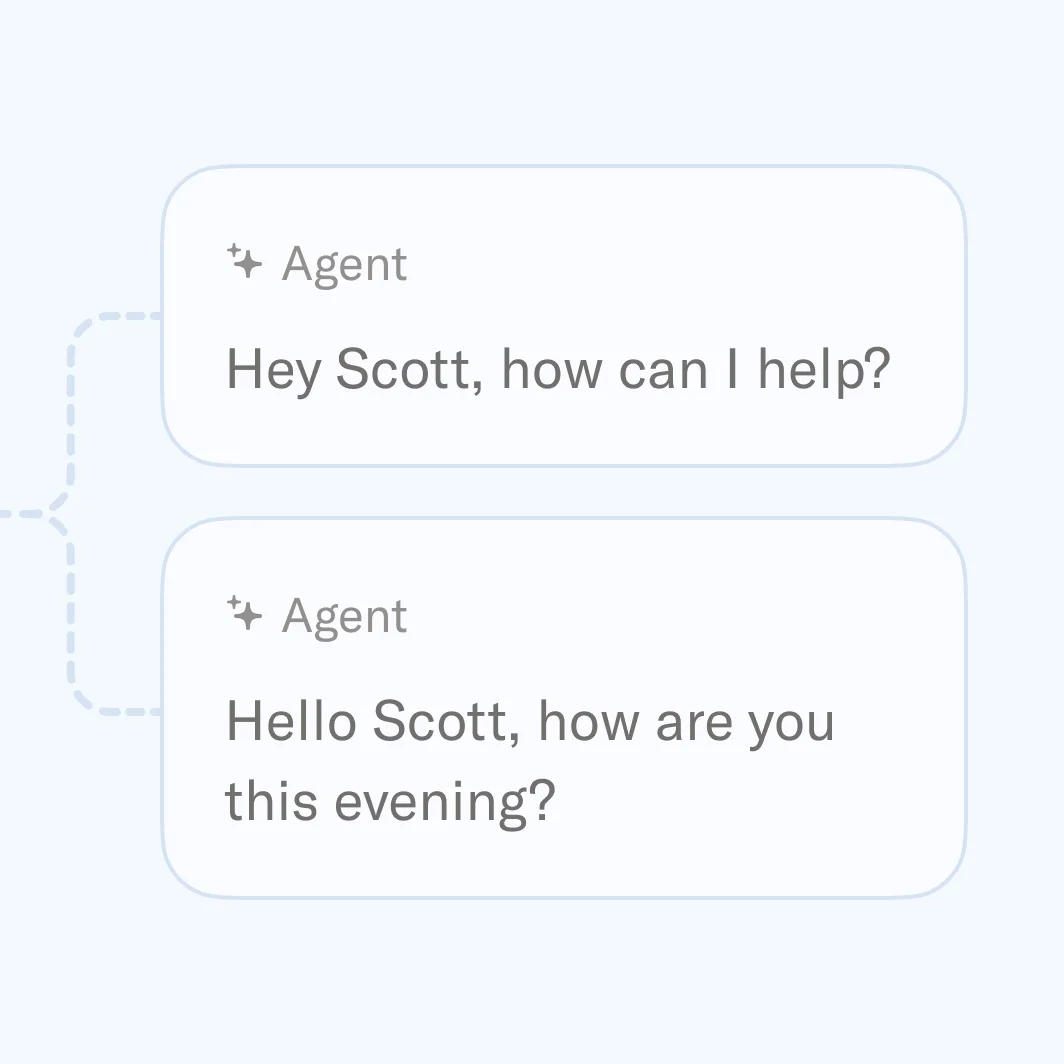 Sierra AI workspace showing two agent greetings in a conversational UI with a clean light theme.