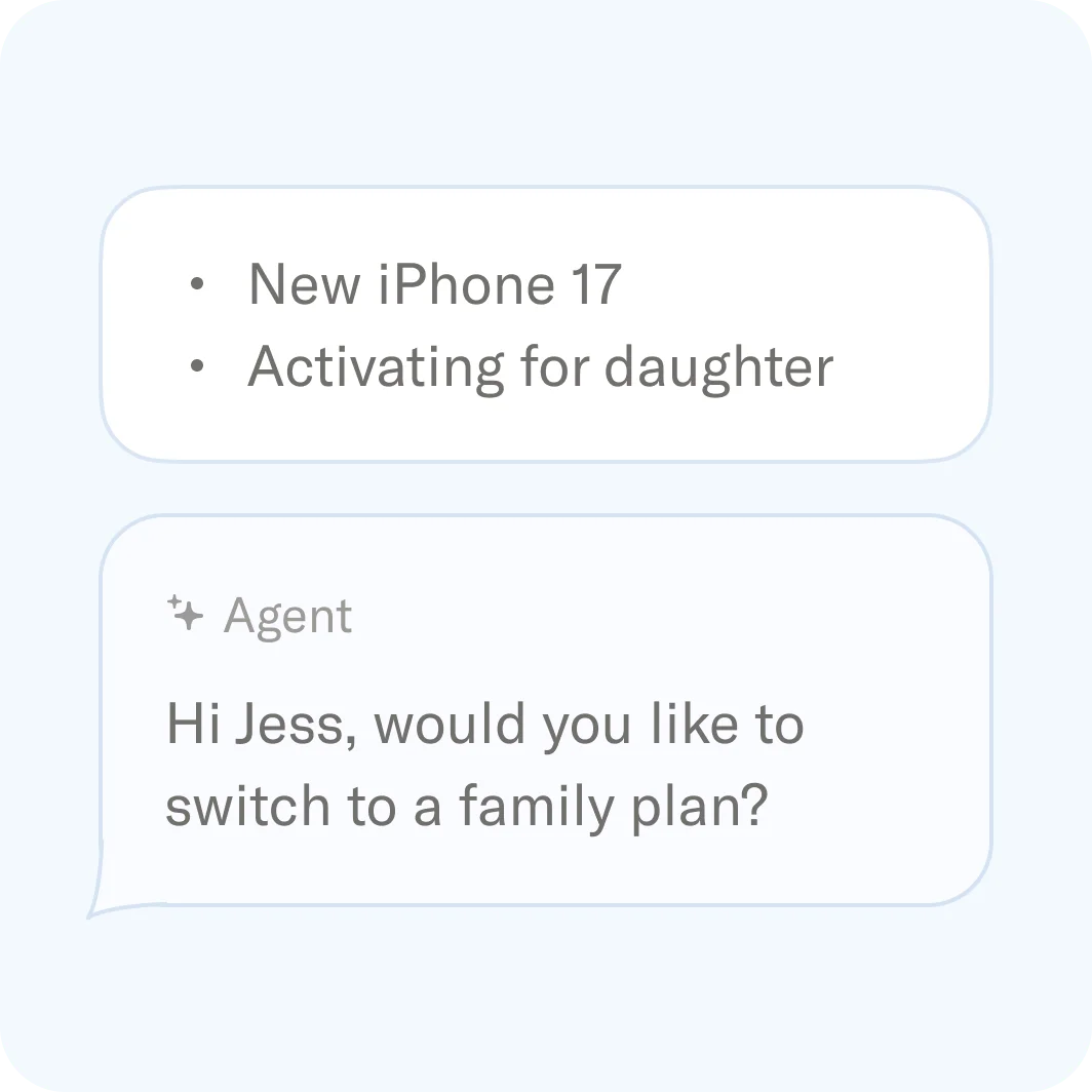 Sierra AI chat workspace showing an AI agent proactively suggesting a family plan after a user's new iPhone activation query in a clean, light interface.
