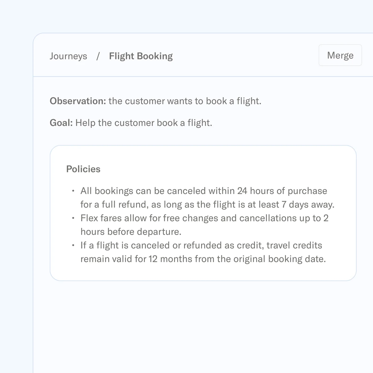 Sierra AI product UI displaying flight booking cancellation and refund policies in a clean, modern interface.