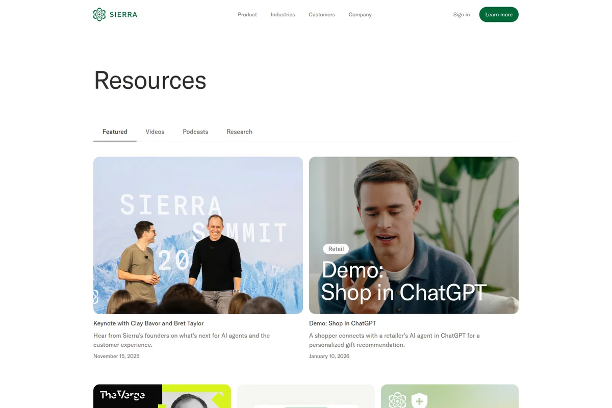 Sierra AI resources page showcasing a keynote with founders Clay Bavor and Bret Taylor, and a demo of an AI agent assisting with shopping in ChatGPT.