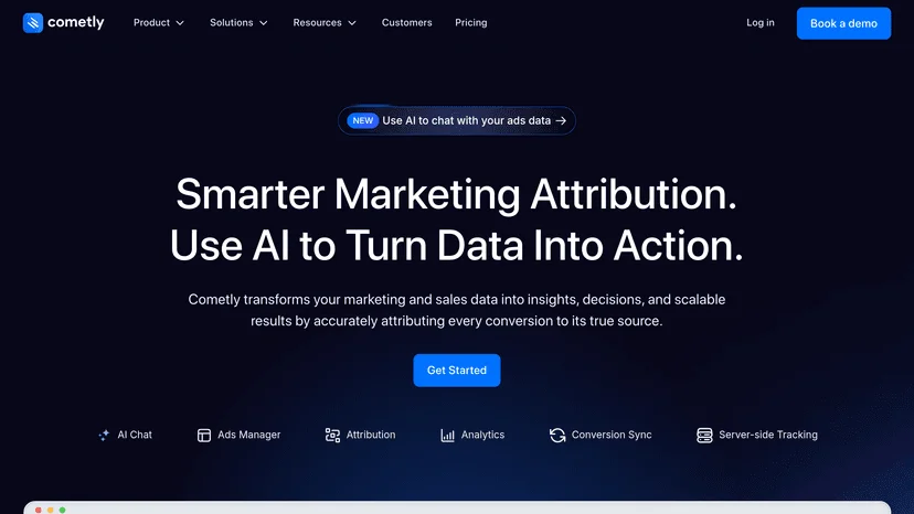 Cometly landing page showcasing AI-powered marketing attribution with a dark-mode modern interface.