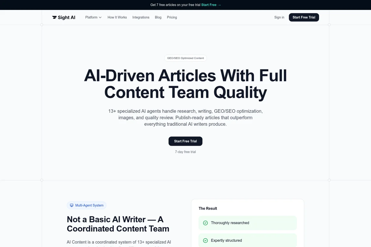 Sight AI landing page hero promoting AI-driven articles with full content team quality on a clean, modern white interface.