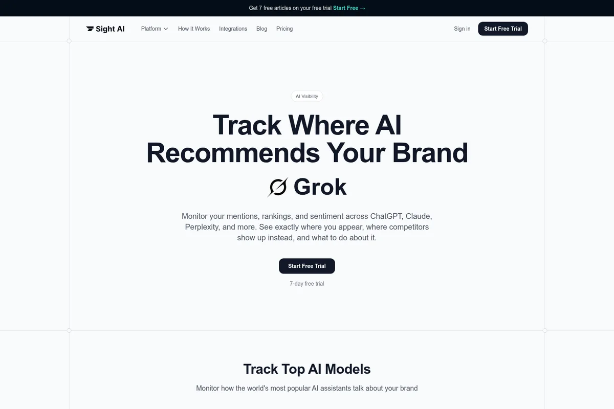 Sight AI landing page hero section showcasing the ability to track where AI recommends your brand with a clean, minimalist design.