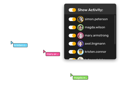 Simplified workspace UI showing a 'Show Activity' panel with user profiles and toggles to manage activity visibility, set against a dark-mode interface.