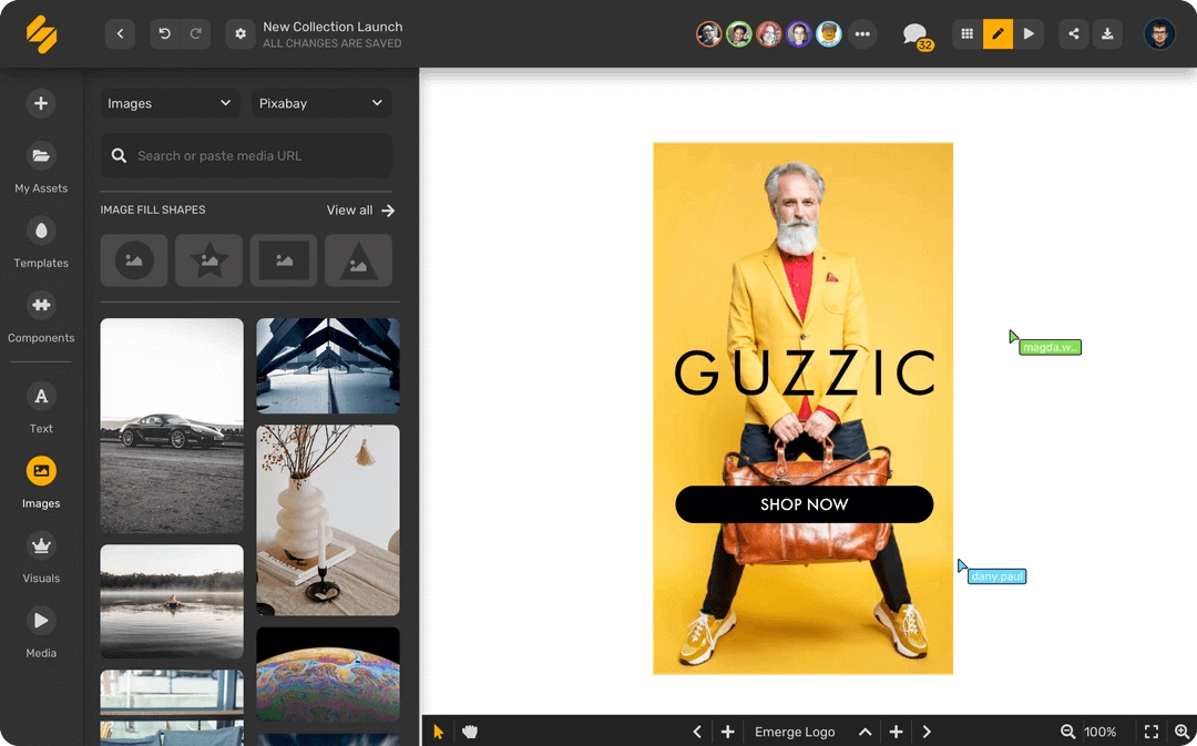 Simplified workspace UI showing an image gallery on the left and a fashion ad design on the main canvas in a modern dark-mode interface.
